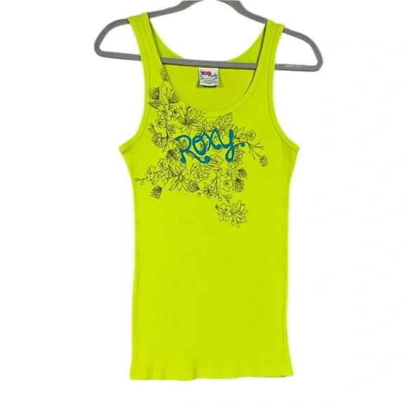 Roxy Y2K Ribbed Graphic Print Tank Top Floral Sz L Green - Picture 1 of 5